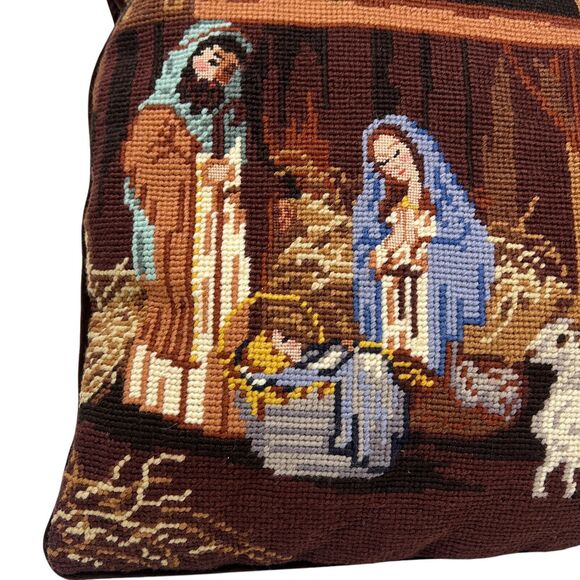 Vintage Needlepoint Christmas Throw Pillow Manager Scene Mary Joseph Jesus Lamb - Picture 4 of 8